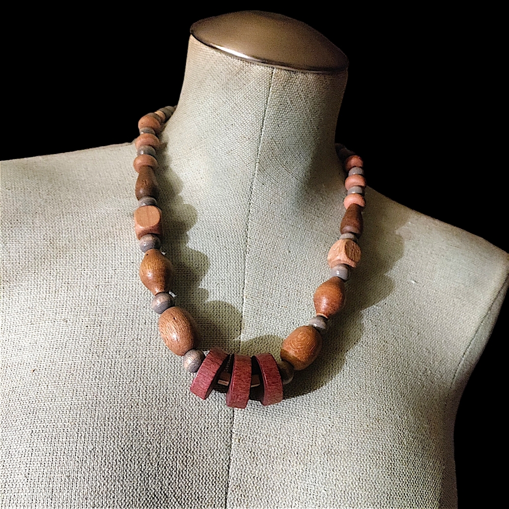 Handcrafted Natural Wood Bead Necklace in Brown and Coral